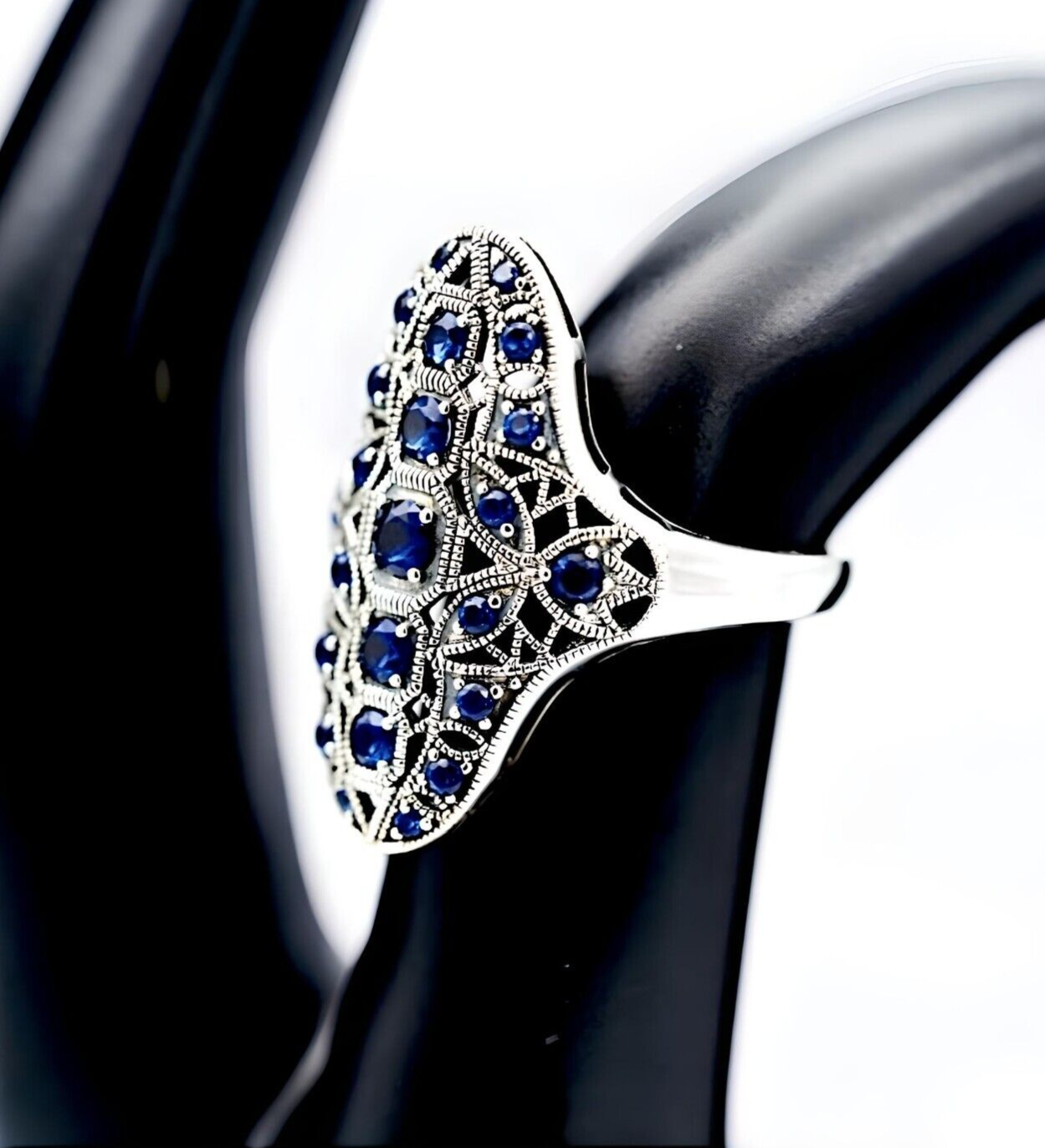 VINTAGE STYLE SIMULATED SAPPHIRE 925 SOLID STERLING SILVER COCKTAIL RING 1770