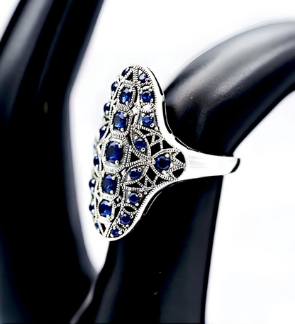 VINTAGE STYLE SIMULATED SAPPHIRE 925 SOLID STERLING SILVER COCKTAIL RING 1770
