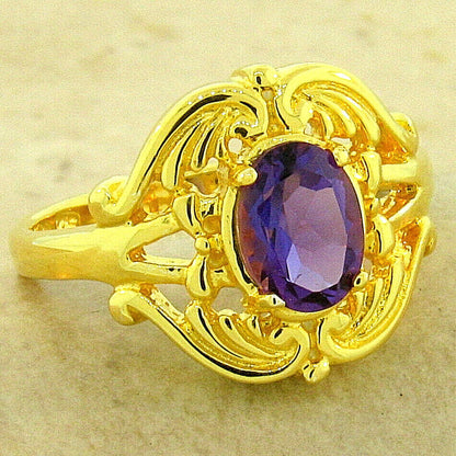 GENUINE AMETHYST ANTIQUE STYLE 24K GP OVER 925 SOLID STERLING SILVER RING   #576