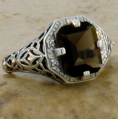 2 Ct GENUINE SMOKY QUARTZ 925 STERLING SILVER CLASSIC ART DECO STYLE RING   #240
