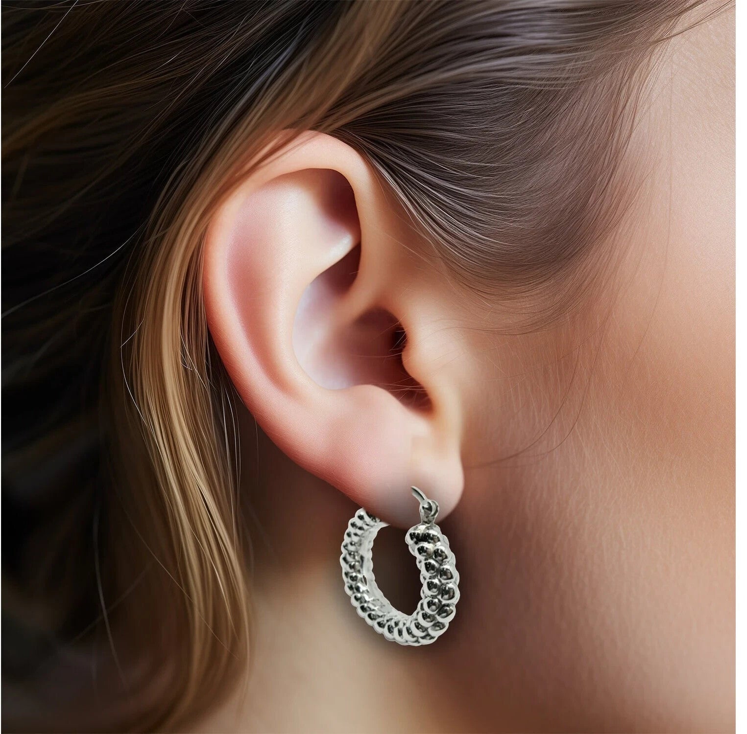 Chic 925 Sterling Silver Caviar Oval Hoops - Latch Back Design, Lightweight 1421