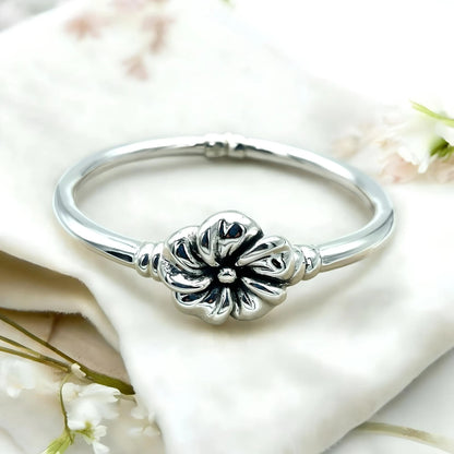 925 Sterling Silver Floral Bangle - Hinged Lightweight Flower Bracelet 6.5" 1487