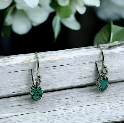 VINTAGE STYLE SIMULATED EMERALD 925 SOLID STERLING SILVER DANGLE EARRINGS 1189