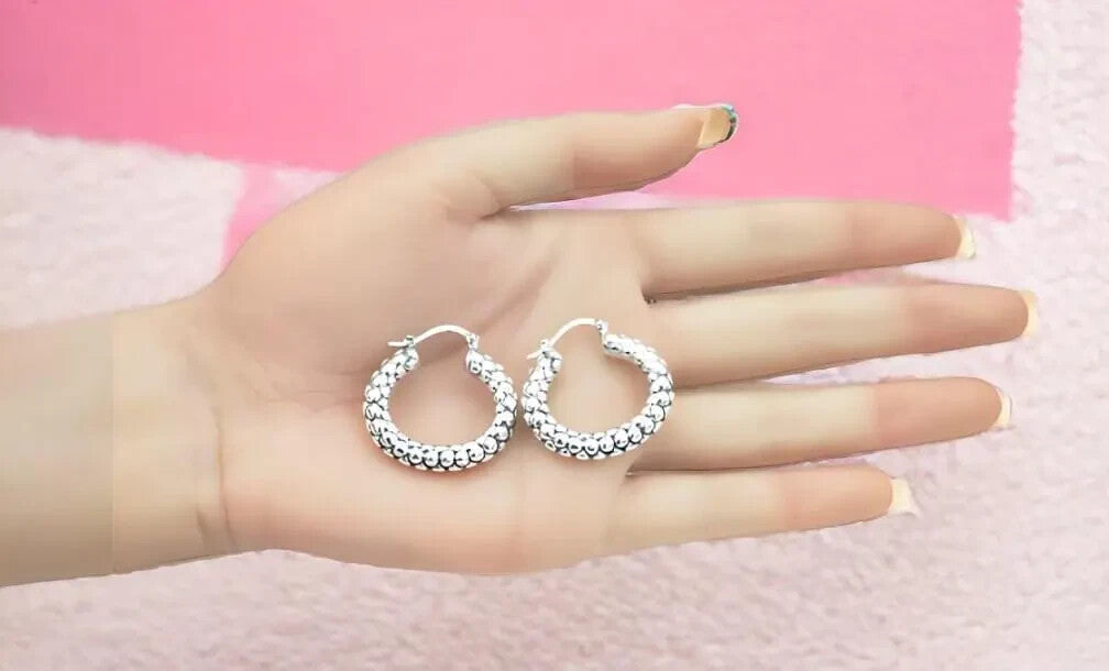 Chic 925 Sterling Silver Caviar Oval Hoops - Latch Back Design, Lightweight 1421