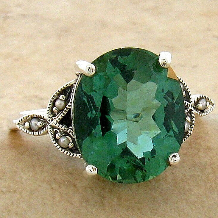 VICTORIAN STYLE 925 STERLING SILVER SIMULATED GREEN TOURMALINE PEARL RING   #749