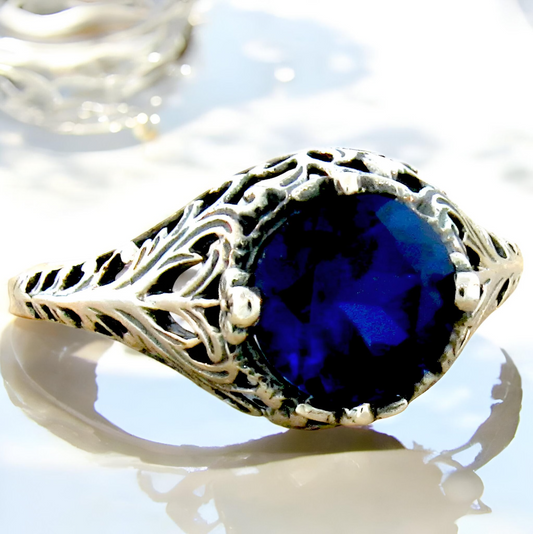 925 STERLING SILVER ANTIQUE STYLE LAB-CREATED BLUE SAPPHIRE SOLITAIRE RING  #823