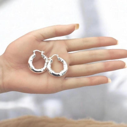 925 Sterling Silver Hoop Earrings, Hammered Finish, Latch Back, Lightweight 1520