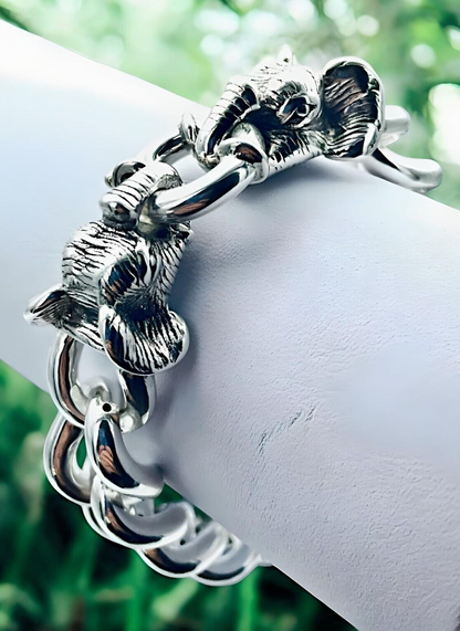 925 Sterling Silver Elephant Head Bracelet - 8" Chunky Curb Link Chain 1591