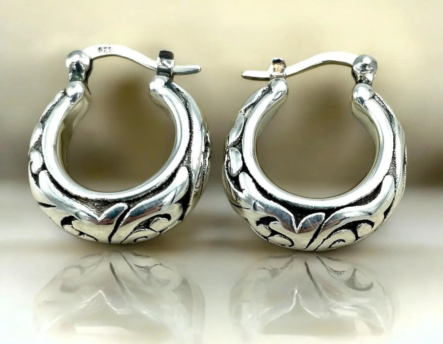925 Sterling Silver Filigree Hoop Earrings, Lightweight and Delicate 1503