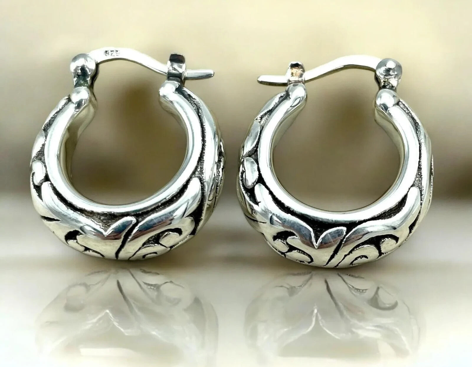 925 Sterling Silver Filigree Hoop Earrings, Lightweight and Delicate 1503