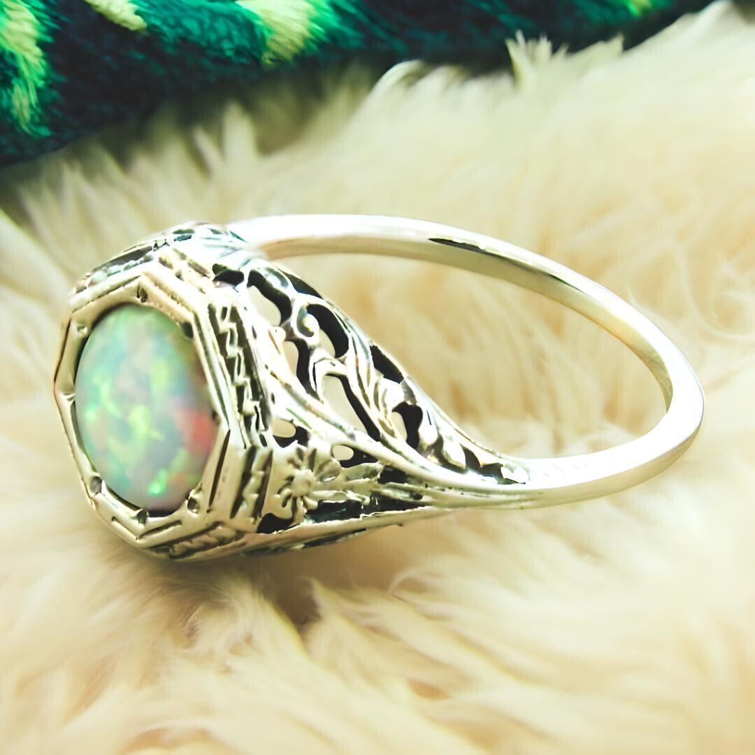 VINTAGE STYLE 925 STERLING SILVER SOLITAIRE LAB-CREATED OPAL FILIGREE RING #432