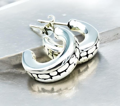 925 Silver, Lightweight Earrings - Cobblestone Hoops with Push Back Design 1528