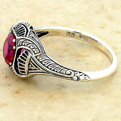 925 STERLING SILVER FILIGREE DECO ANTIQUE STYLE LAB-CREATED RED RUBY RING   #296