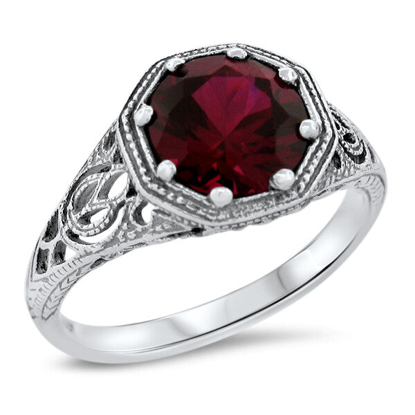 WEDDING ENGAGEMENT 925 STERLING SILVER FILIGREE LAB-CREATED RUBY RING      #1276