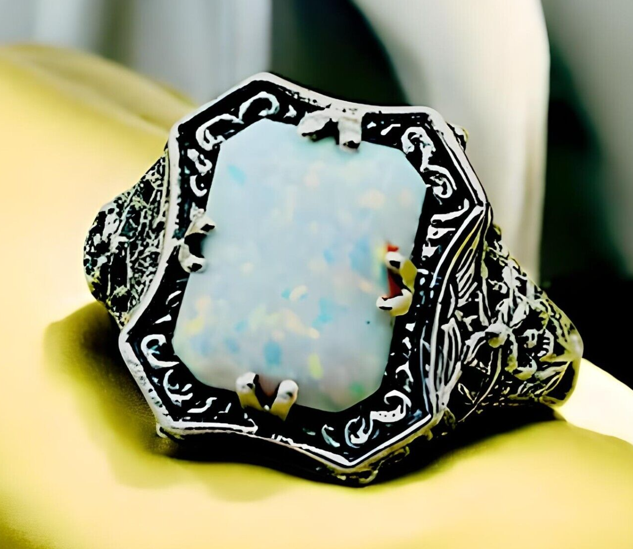 VINTAGE STYLE LAB-CREATED OPAL 925 STERLING SILVER FILIGREE RING           #1213