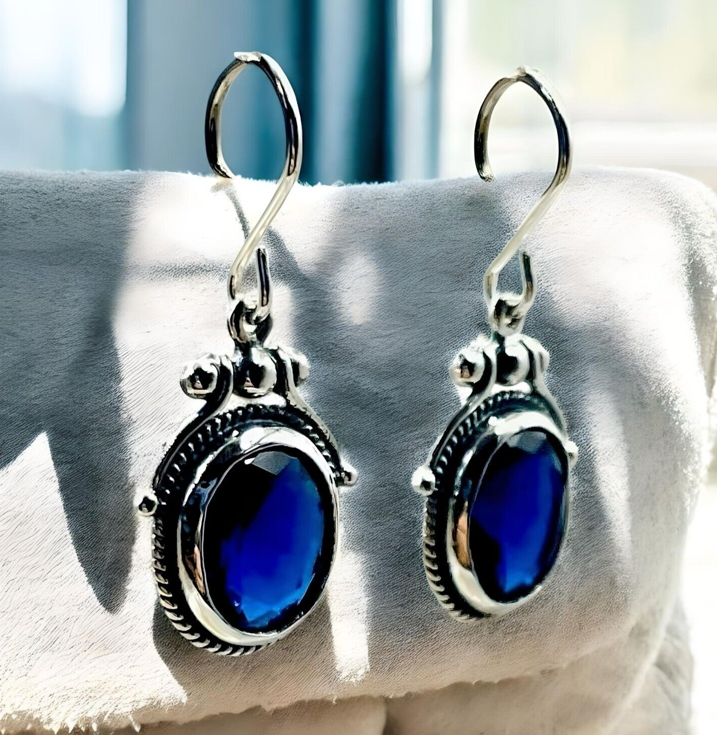 VINTAGE STYLE ROYAL BLUE SIMULATED SAPPHIRE 925 STERLING SILVER EARRINGS 1813