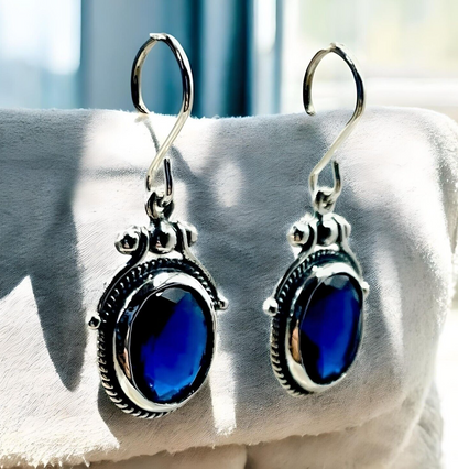 VINTAGE STYLE ROYAL BLUE SIMULATED SAPPHIRE 925 STERLING SILVER EARRINGS 1813
