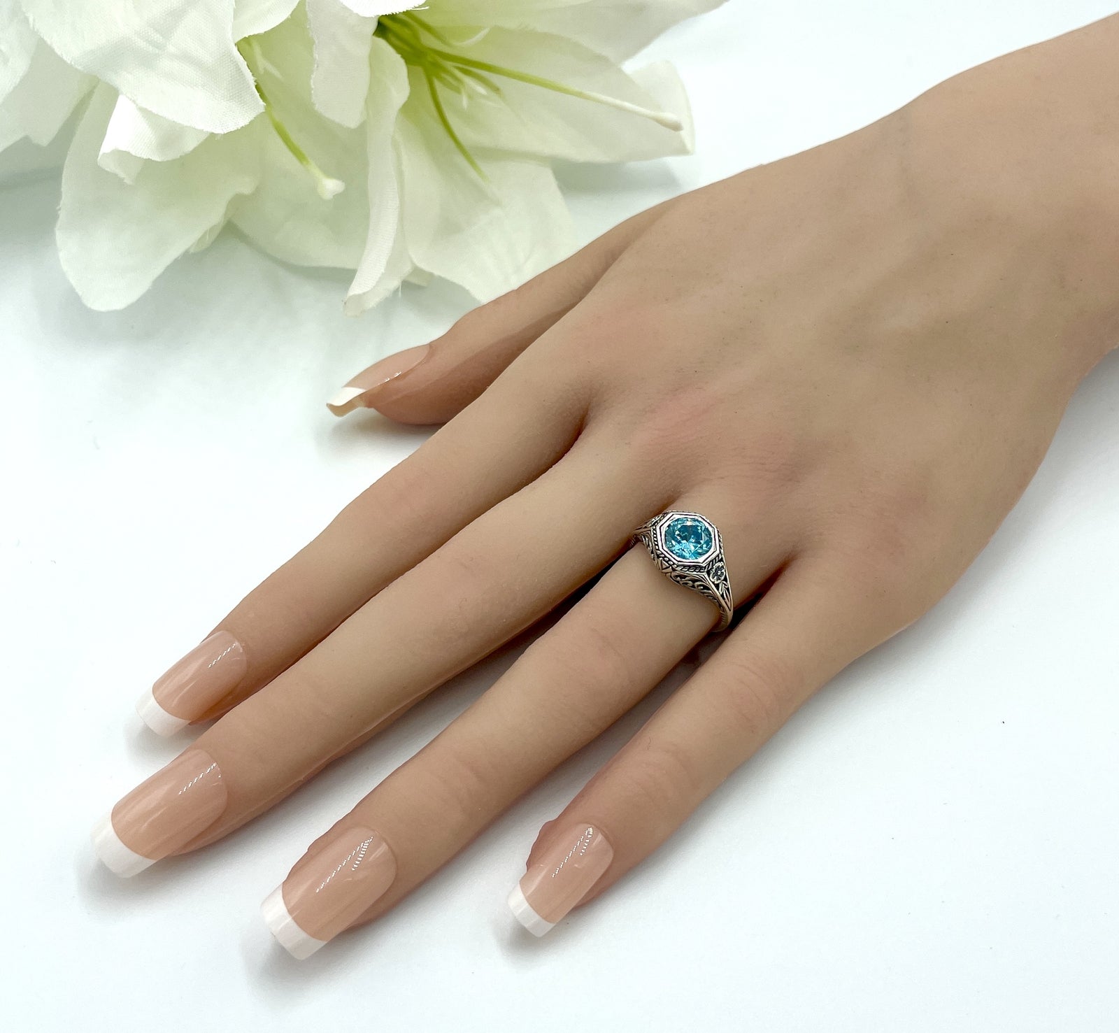 VINTAGE STYLE SOLITAIRE 925 STERLING SILVER AQUAMARINE CZ FILIGREE RING    #1229