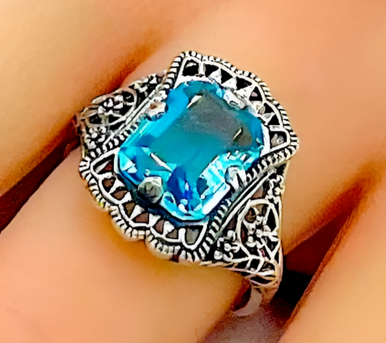 925 STERLING SILVER FILIGREE RING ANTIQUE STYLE SIMULATED AQUAMARINE       #1332