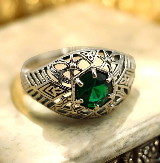 VINTAGE STYLE 925 SOLID STERLING SILVER SIMULATED EMERALD FILIGREE RING 1785