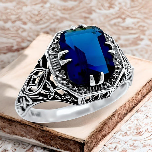 VINTAGE STYLE 925 SOLID STERLING SILVER SIMULATED SAPPHIRE FILIGREE RING 1364