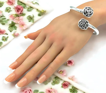 925 Sterling Silver Lightweight 7" Bangle Bracelet - Double Rose Design 1207