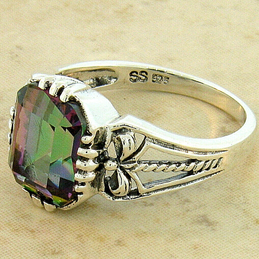 VINTAGE STYLE RAINBOW MYSTIC QUARTZ 925 STERLING SILVER FILIGREE RING       #842