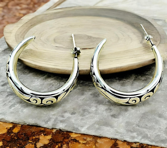 925 Sterling Silver Lightweight Hoop Earrings, Filigree Design Push Back, 1393