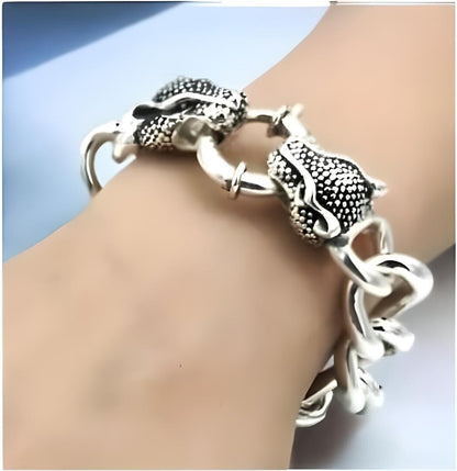 925 Silver Lightweight Curb Link Bracelet with Double Dragon Head Clasp  8" 1615