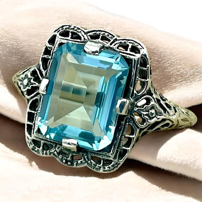 925 SOLID STERLING SILVER FILIGREE RING ANTIQUE STYLE SIMULATED AQUAMARINE  1237