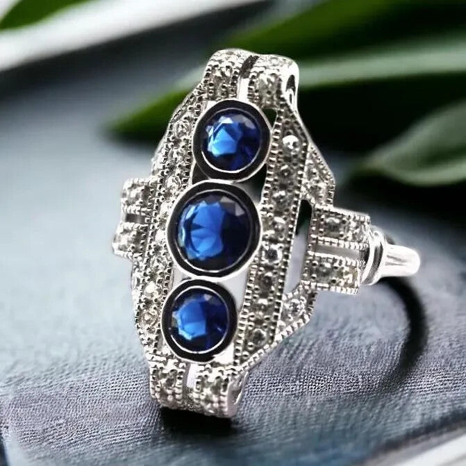 VINTAGE STYLE SIMULATED SAPPHIRE 925 STERLING SILVER RING RHODIUM PLATED 1757