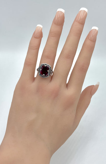 VIVID RED VINTAGE STYLE 925 STERLING SILVER SIMULATED RUBY FILIGREE RING   #1225