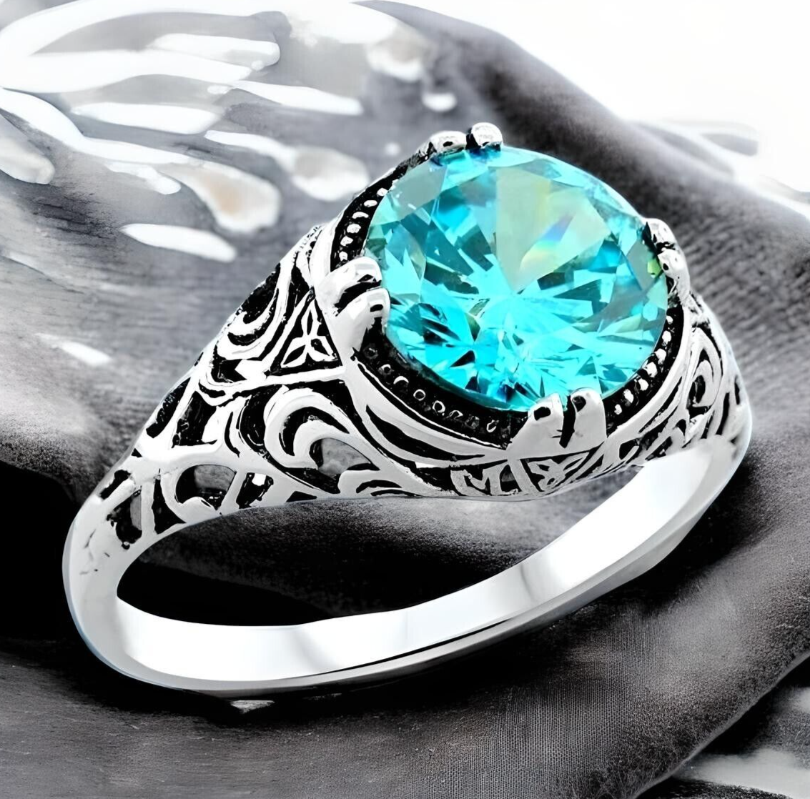 VINTAGE STYLE 925 STERLING SILVER AQUAMARINE CZ FILIGREE SOLITAIRE RING 1203