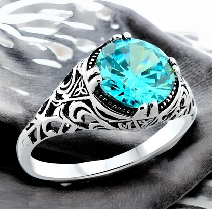 VINTAGE STYLE 925 STERLING SILVER AQUAMARINE CZ FILIGREE SOLITAIRE RING 1203