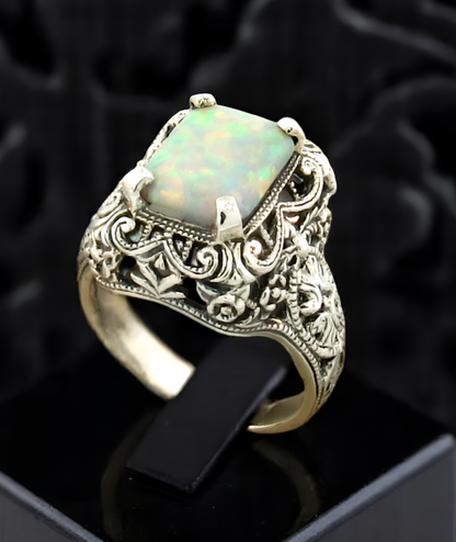 VINTAGE STYLE LAB-CREATED OPAL 925 STERLING SILVER SOLITAIRE FILIGREE RING   758