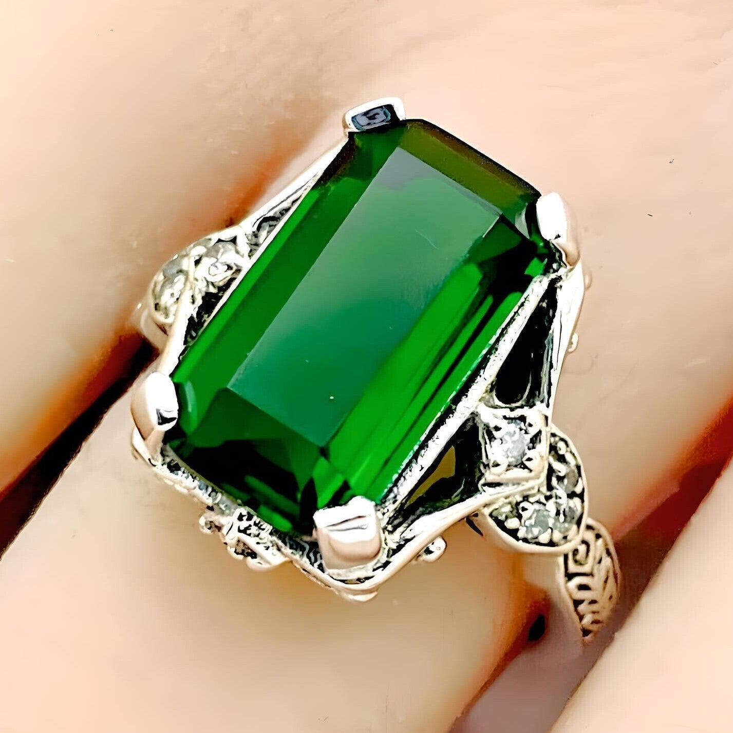 VINTAGE STYLE 925 STERLING SILVER SIMULATED EMERALD & CZ FILIGREE RING 1363