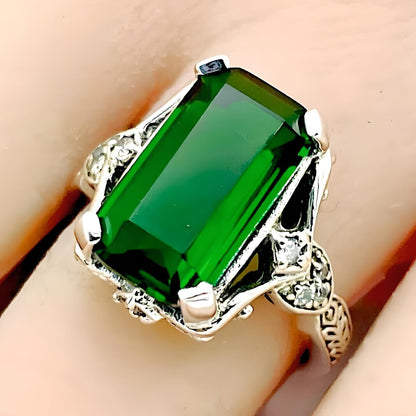 VINTAGE STYLE 925 STERLING SILVER SIMULATED EMERALD & CZ FILIGREE RING 1363