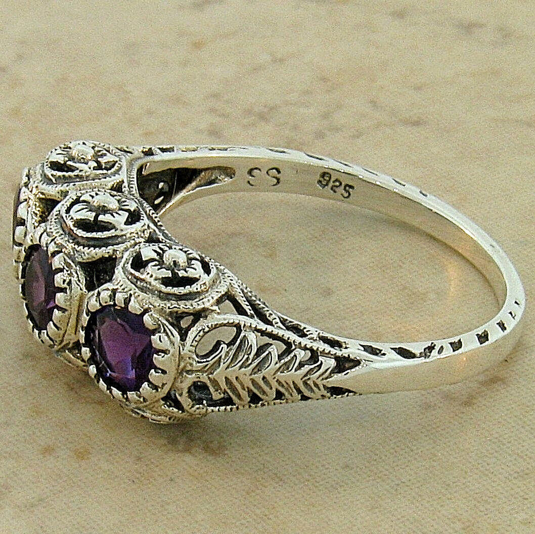 3 STONE GENUINE AMETHYST 925 STERLING SILVER VICTORIAN STYLE FILIGREE RING  #815