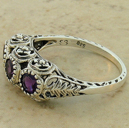 3 STONE GENUINE AMETHYST 925 STERLING SILVER VICTORIAN STYLE FILIGREE RING  #815