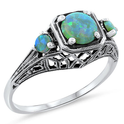 3 STONE DECO ANTIQUE STYLE 925 STERLING SILVER LAB-CREATED GREEN OPAL RING  #411