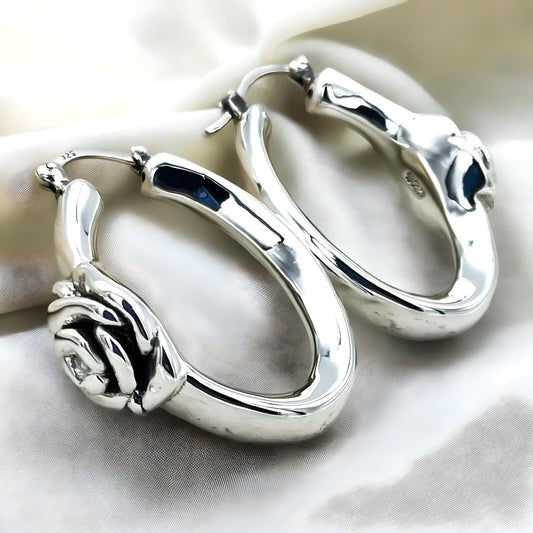 925 STERLING SILVER ROSE LATCH BACK HOOP EARRINGS LIGHTWEIGHT 1565