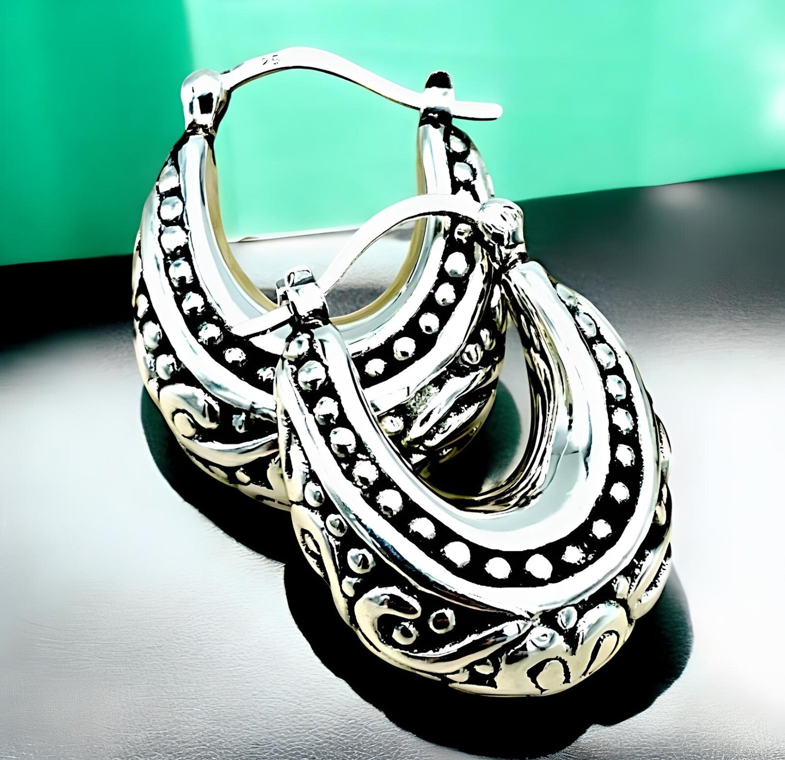 925 Sterling Silver Filigree Hoops - Latch Back Earrings, Lightweight 1253