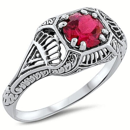 925 STERLING SILVER FILIGREE DECO ANTIQUE STYLE LAB-CREATED RED RUBY RING   #296