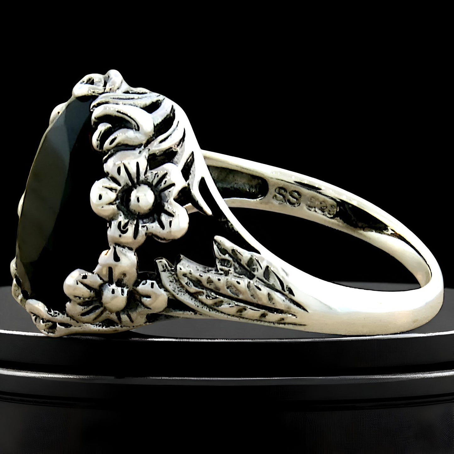 4 CARAT BLACK AGATE ART NOUVEAU STYLE 925 SOLID STERLING SILVER FLOWER RING  333