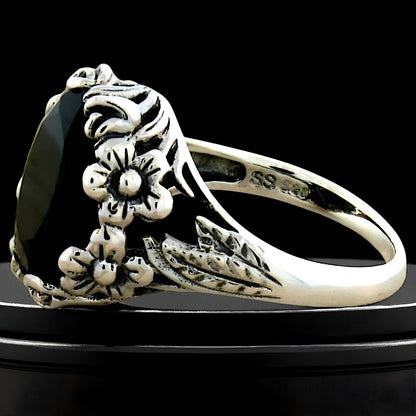 4 CARAT BLACK AGATE ART NOUVEAU STYLE 925 SOLID STERLING SILVER FLOWER RING  333