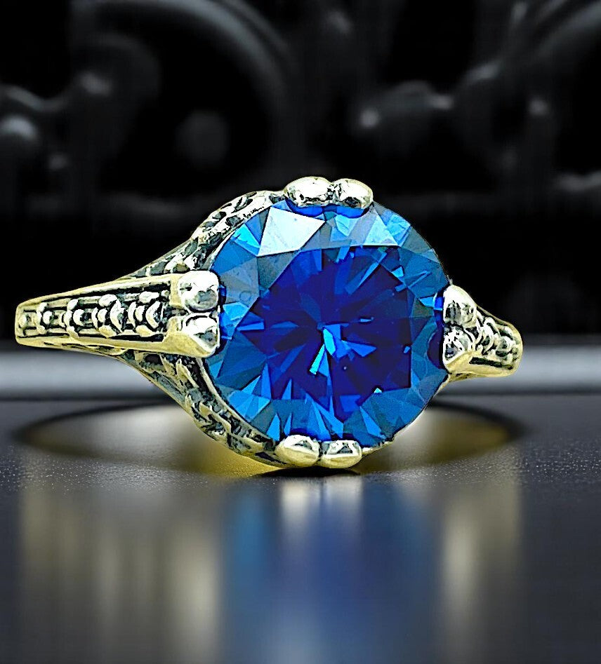 WEDDING ENGAGEMENT CEYLON SAPPHIRE CZ 925 STERLING SILVER FILIGREE RING    #1195