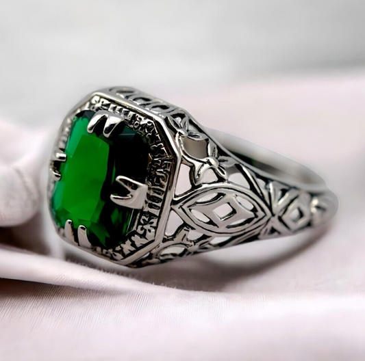VINTAGE STYLE 925 SOLID STERLING SILVER SIMULATED EMERALD FILIGREE RING 1810