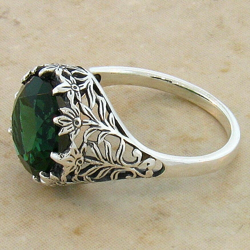 925 STERLING SILVER FILIGREE VICTORIAN STYLE SIMULATED EMERALD 3.50 Ct RING 445Z