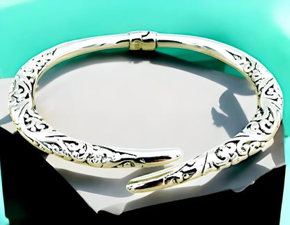925 Filigree Sterling Silver Torque Bangle -6.75" Lightweight Bracelet 1227