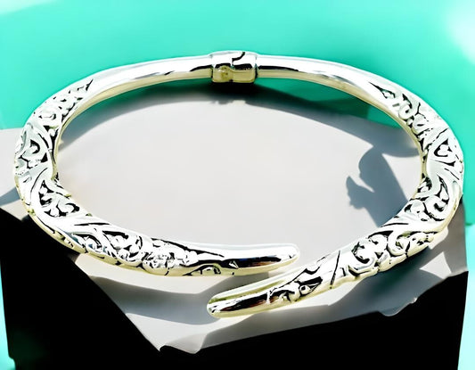 925 Filigree Sterling Silver Torque Bangle -6.75" Lightweight Bracelet 1227